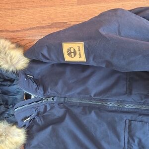 Timberland Size XXL Dark Blue Canvas Parka with Faux Fur Trimmed Hood